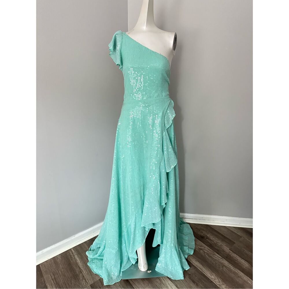 Mac Duggal Sequin One Shoulder Asymmetrical Ruffle Party Dress Mint Green Size 4